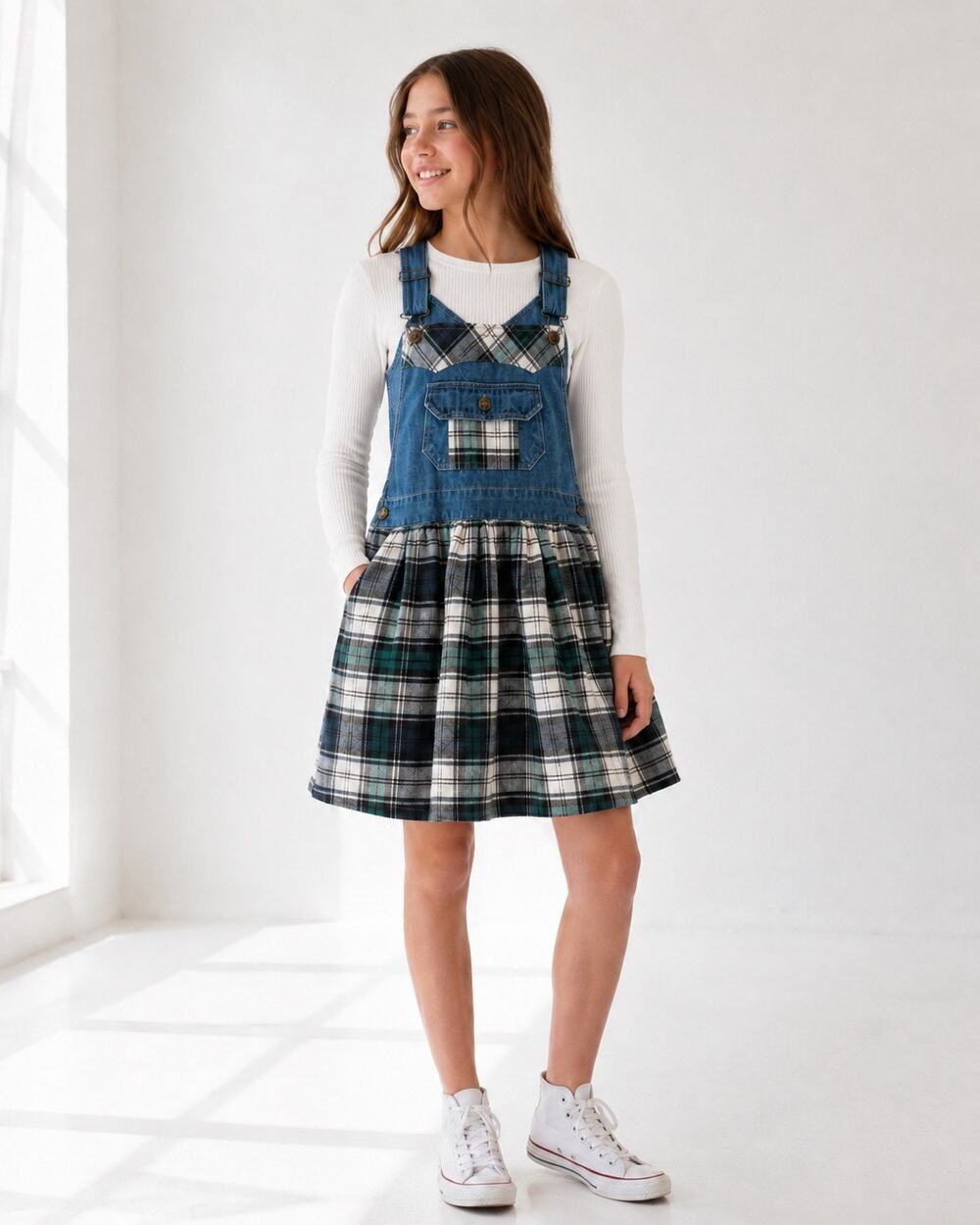Rachel’s Kids Denim Plaid Jumper Dress Hat Set Girls XL Cottagecore Vintage